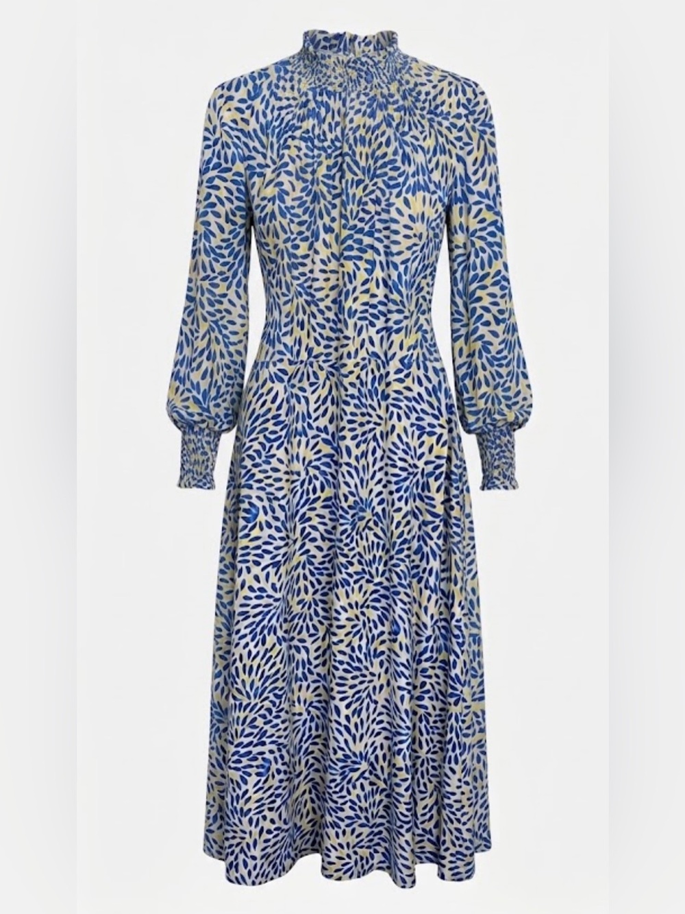THE FOLD London Blue Cream Floral Viscose Long Sleeve Midi Dress UK 12 US 8